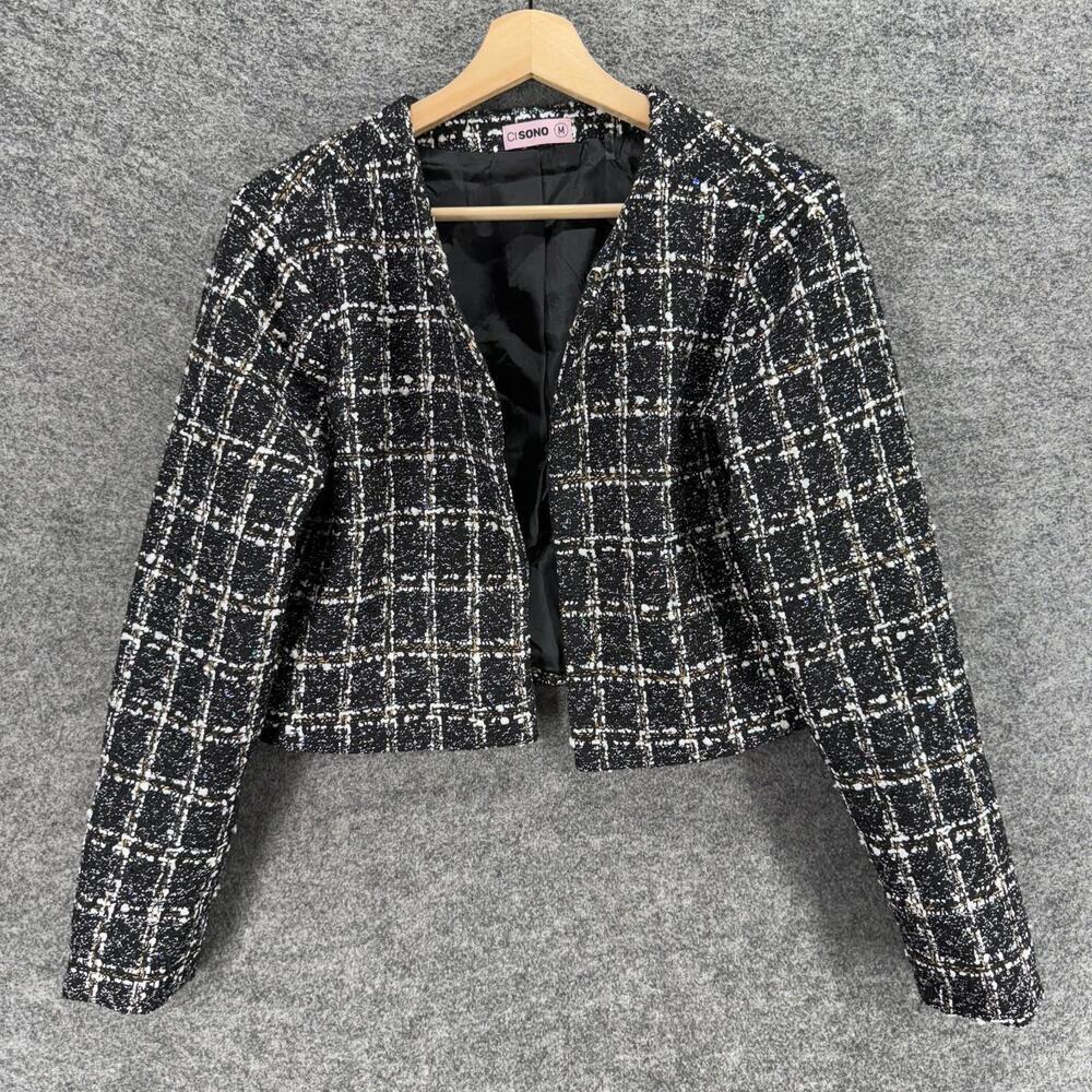 Ci Sono Blazer Women M Medium Black Plaid Open Front Long Sleeve Lined Classic